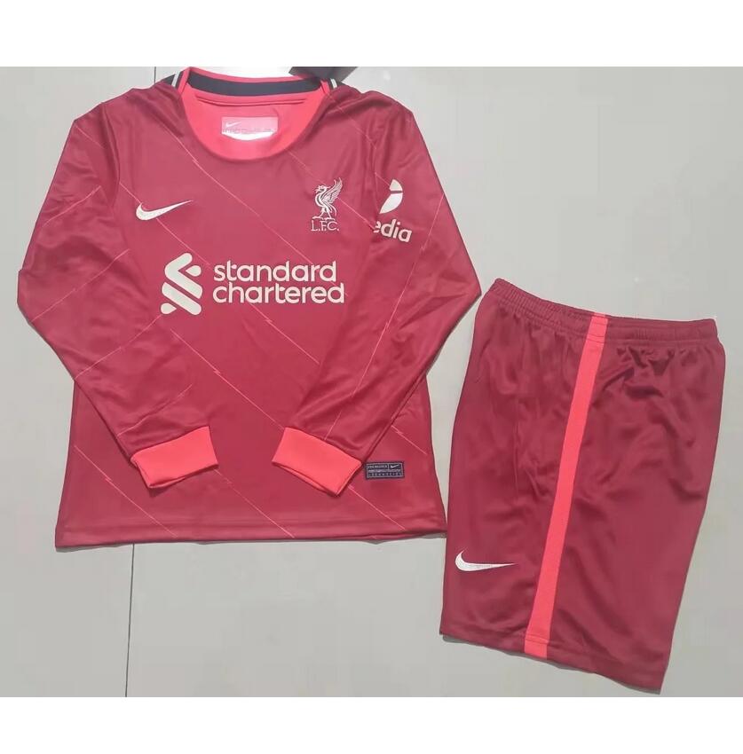 Kids 2021/22 Liverpool Long Sleeve Home Soccer Kits Shirt With Shorts